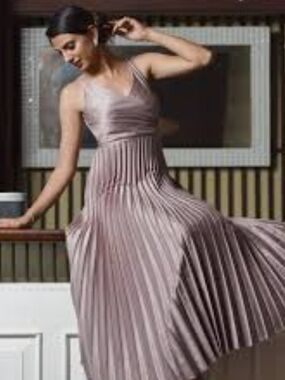 Elegant Light Bronze Pleated Maxi Dress with Surplice Bodice- Small